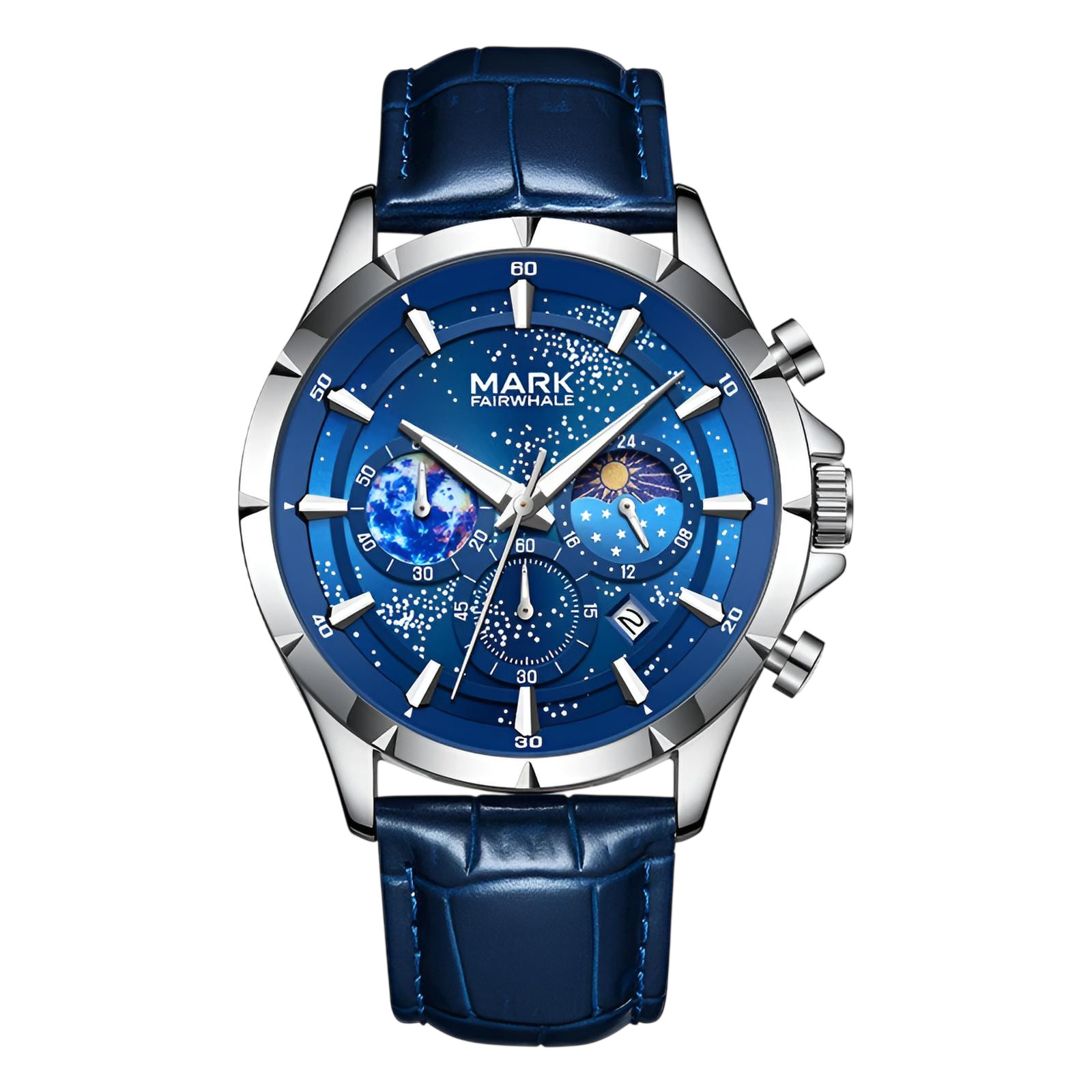 Mark Fairwhale FW-5870 LUNAVOR - Men’s Moon Phase Chronograph Leather Strap Watch