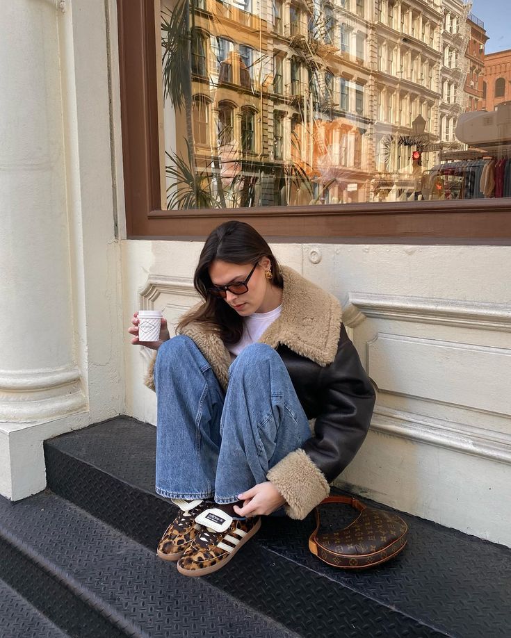 Leopard sneakers with denim and a shearling jacket